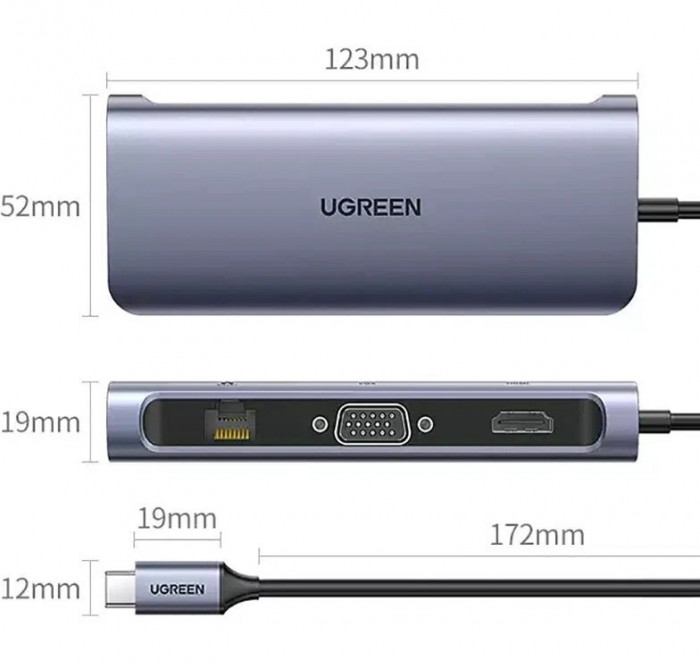 Стыковочная станция UGREEN Adapter 9-in-1 USB-C, Серый (40873) | Фото 3 из 4
