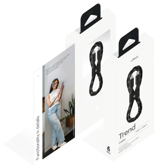 Кабель зарядный uBear Trend Cable USB-C/USB-C 1.2м, 60W, Черно-Бежевый | Фото 3 из 5
